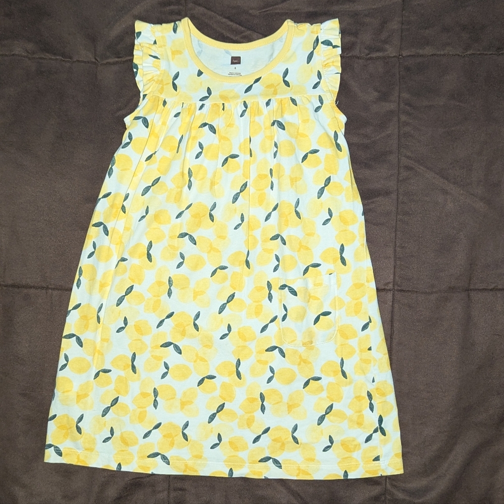 Tea - lemon dress, ruffle sleeves, girl size 6, yellow, white, summer